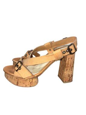 Bettye Muller Tan Leather Platform Sandals Cork Block Heels Made In Italy EU 7.5